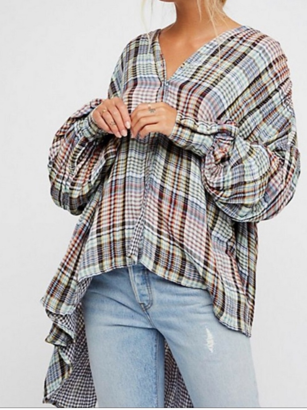 Free People Plaid Button-Front Flannel Multicolor Oversized Boho Tunic Size L